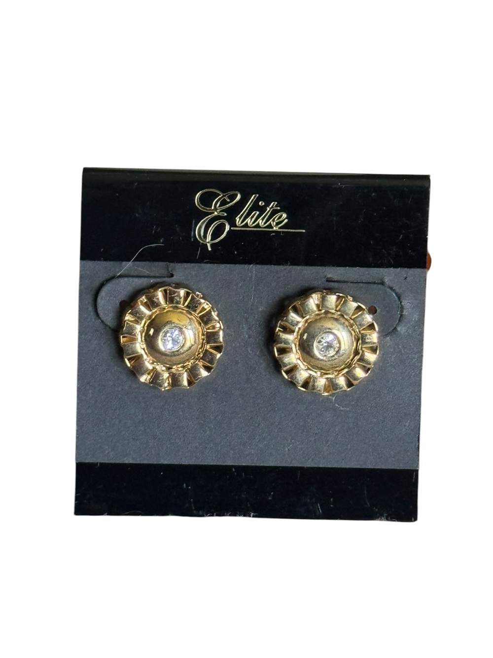 Gold-Tone Floral Sunburst Stud Earrings with Clear Center